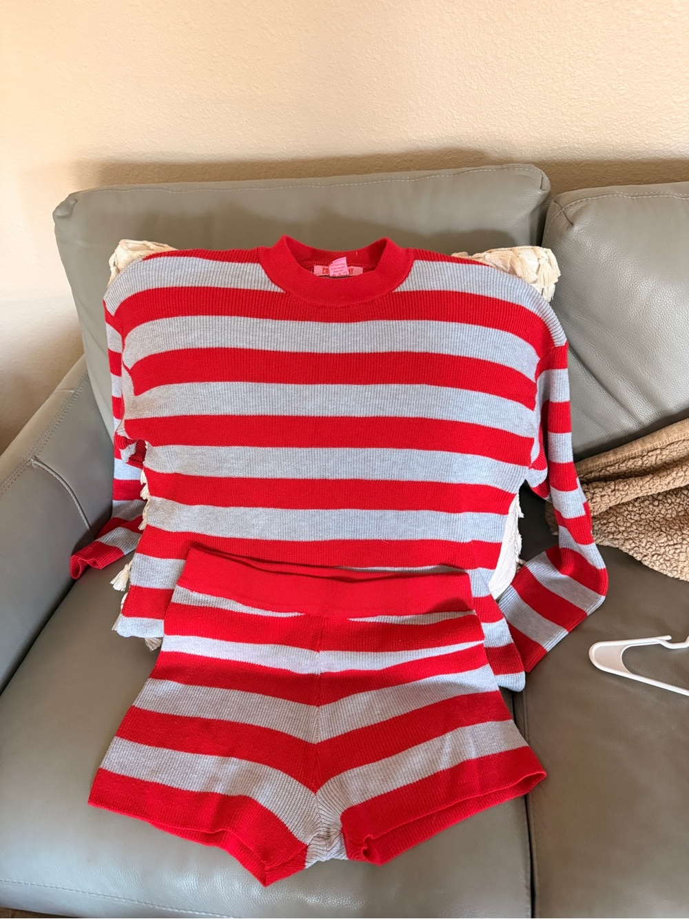 Red and Light Gray Striped Two-Piece Lounge Set